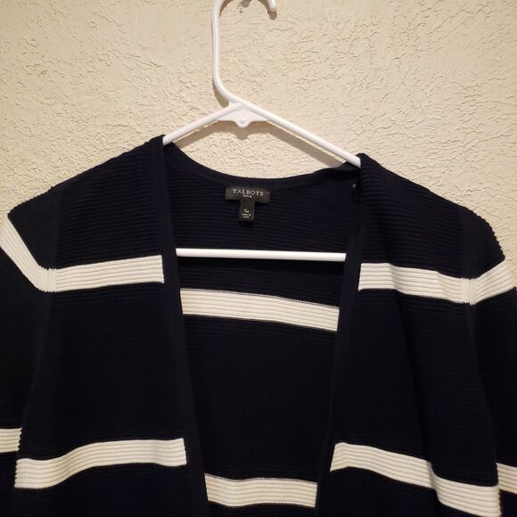 TALBOTS ~ Open-Front Modern Ottoman Cardigan in Navy w/White Stripe Sz Sp - Picture 4 of 10